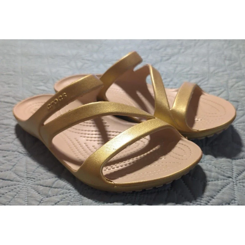Crocs Kadee II Strappy Sandals Metallic Gold Slides Women's Sz 8 Ionic Comfort